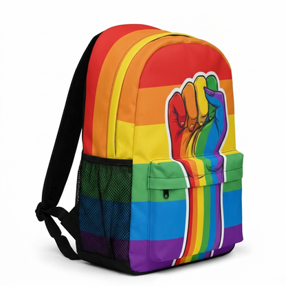 Rainbow Fist Backpack, three quarter left view