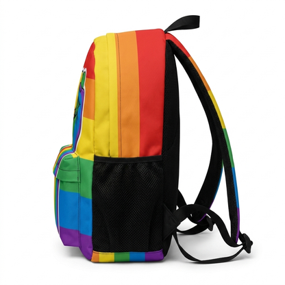Rainbow Fist Backpack, side profile with mesh bottle pocket