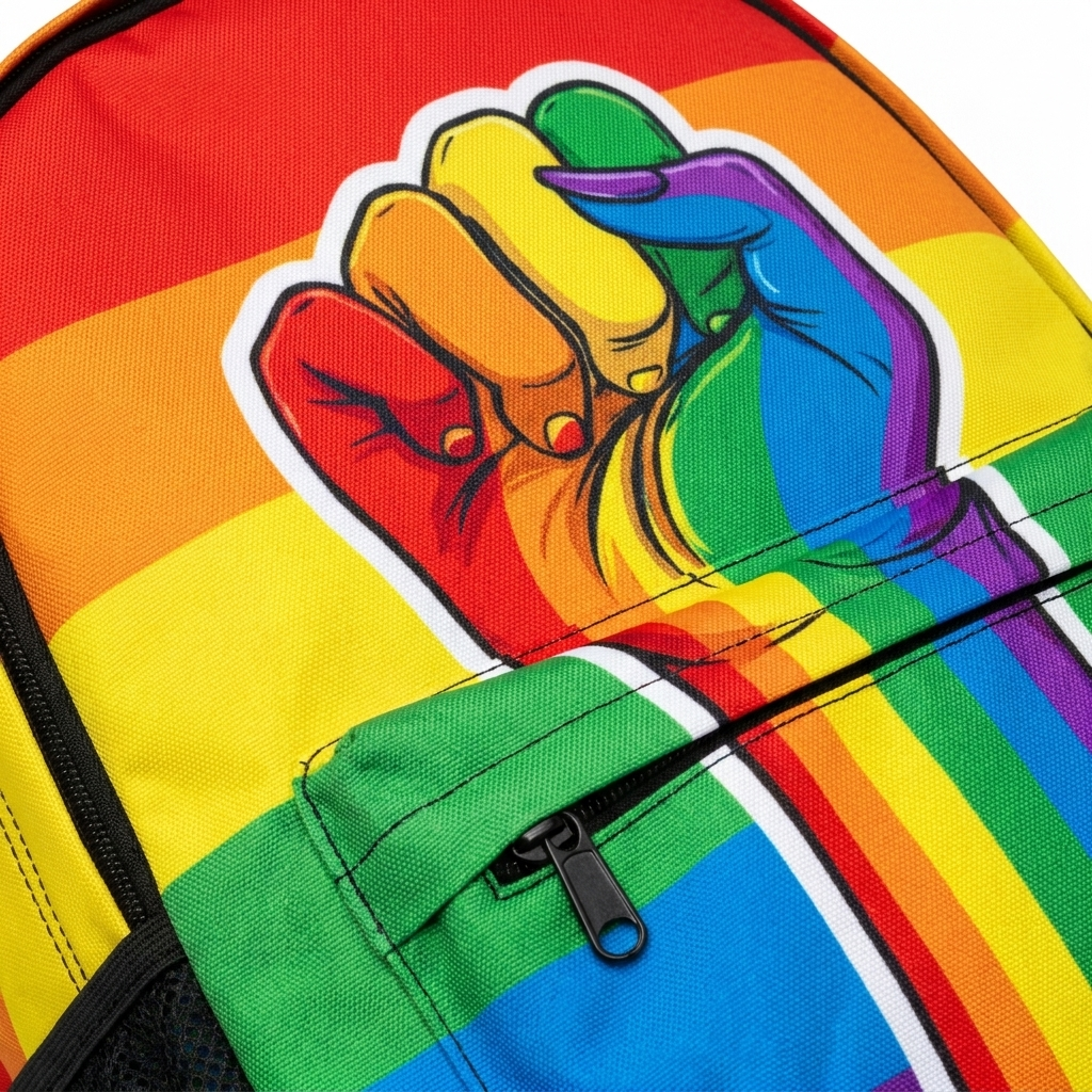 Close up detail of the rainbow fist graphic and zipper