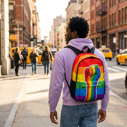 Navier wearing the Rainbow Fist Backpack on a city sidewalk